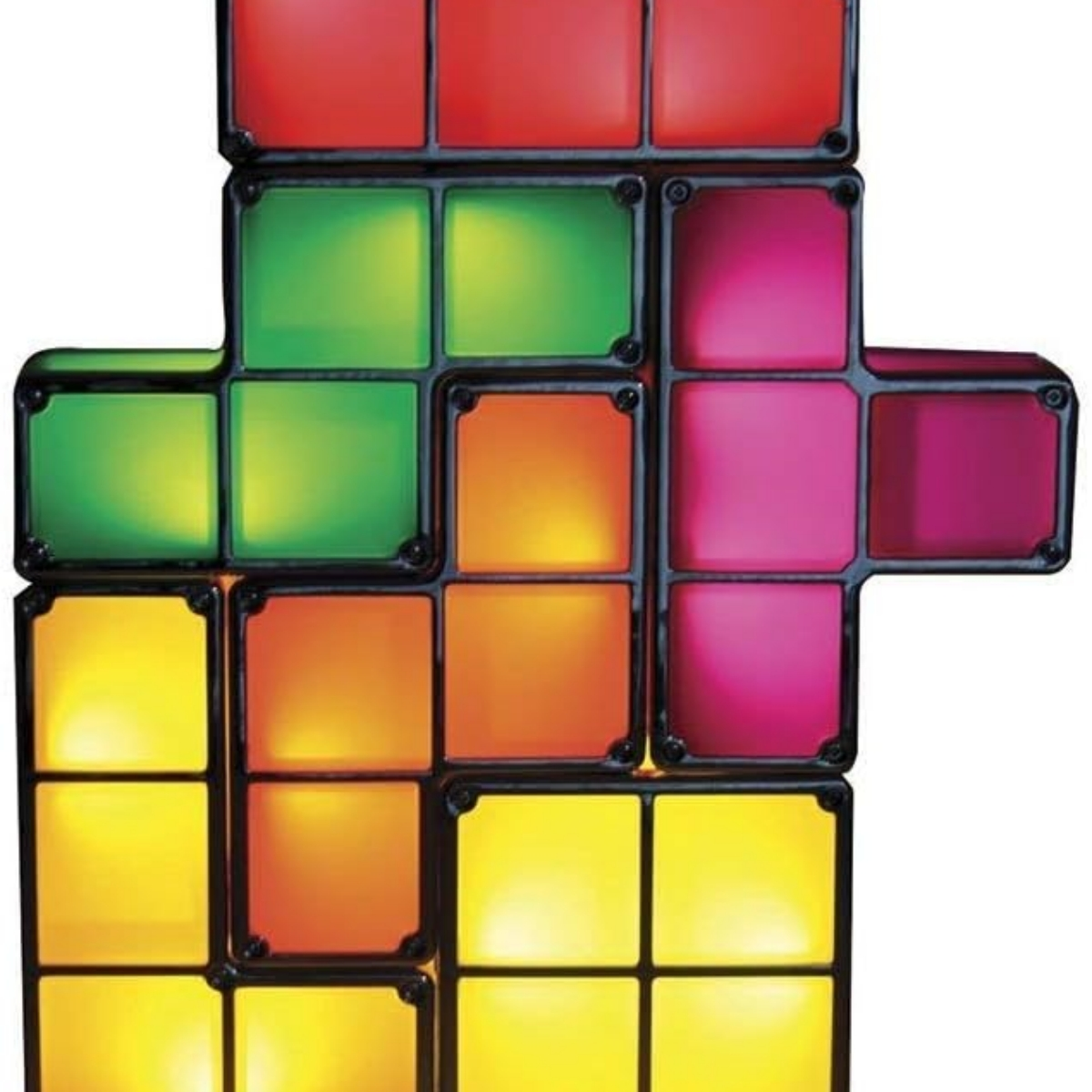 Eine Tetris-ähnliche Struktur mit verschiedenen farbigen, beleuchteten Blöcken. Rot, grün, orange, pink und gelb.