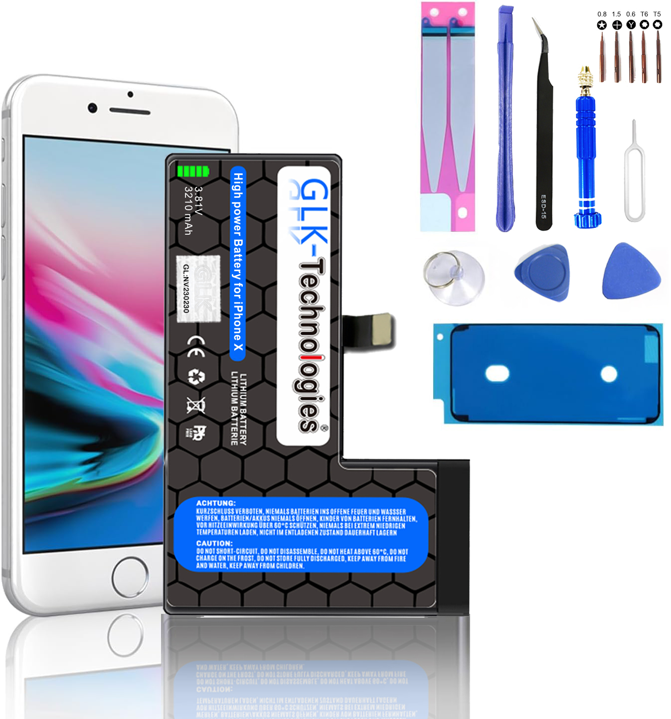 iPhone X, Akku und Werkzeuge zur Reparatur. Akku hat ein schwarz-weißes Etikett. Verschiedene Werkzeuge enthalten.