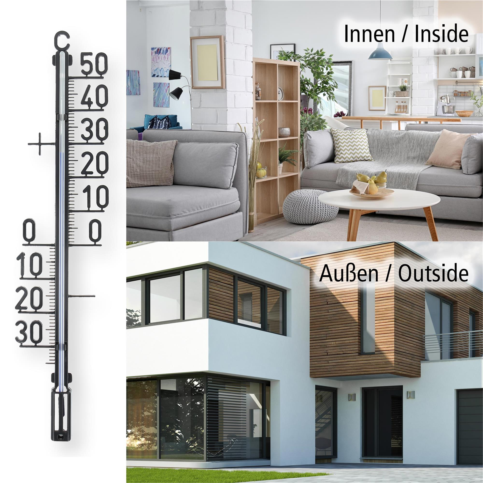 Ein Thermometer und zwei Innen- und Außenszenen, die Temperaturmesswerte und Umgebungen zeigen.
