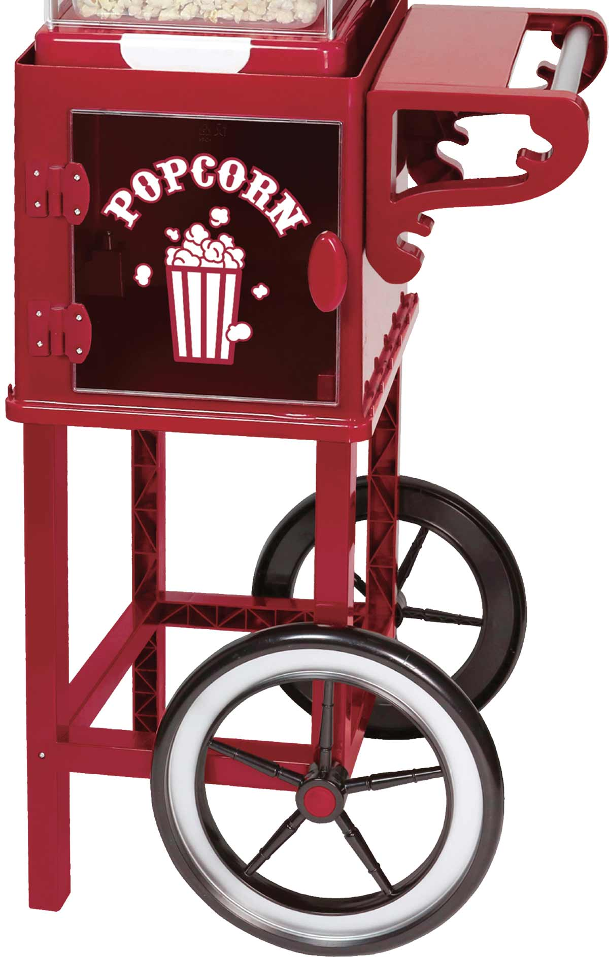 Rote Popcornmaschine mit Popcorn-Illustration. Es hat große Räder und eine Glasvitrine.