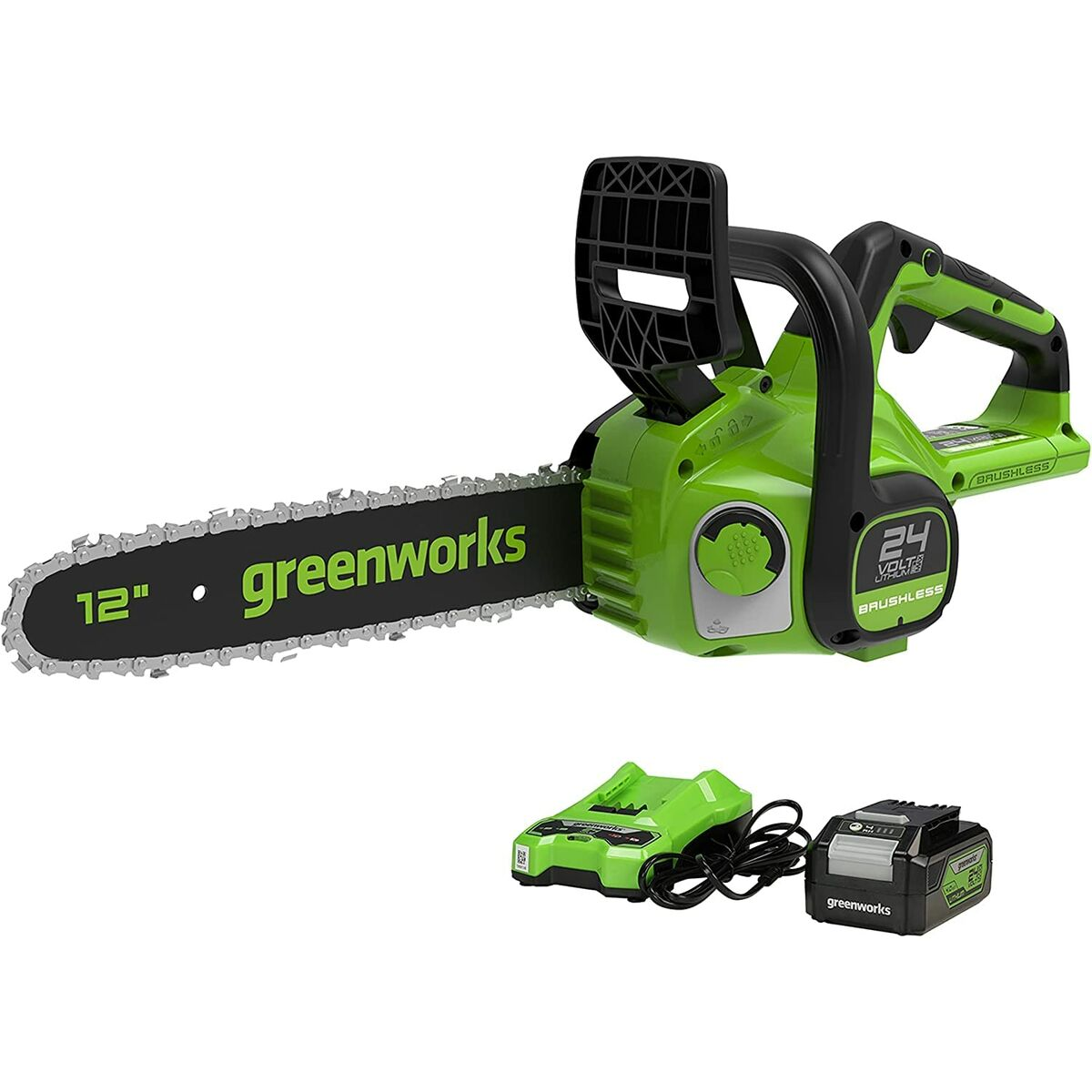 Greenworks Kettensäge. Grün und schwarz mit 12-Zoll-Klinge. Akku und Ladegerät.