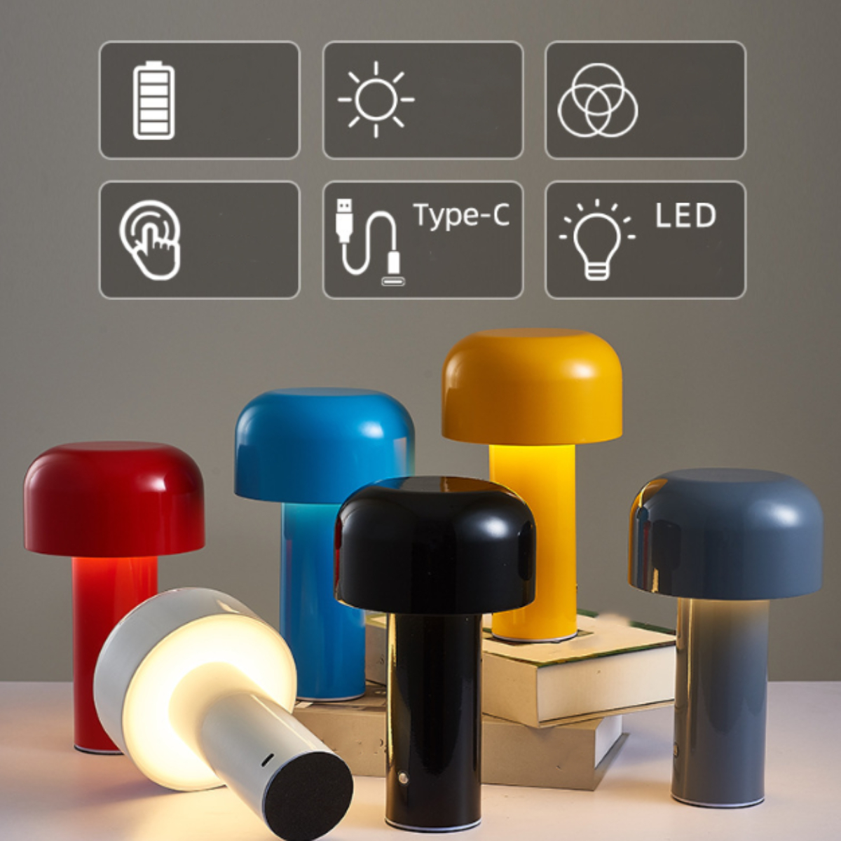 stufenlos wechselndes LED-Licht, dimmbar, Licht Weiß, LACAMAX dreifarbig Schwarze LED-Pilz-Tischleuchte - Schwarz, Gelb