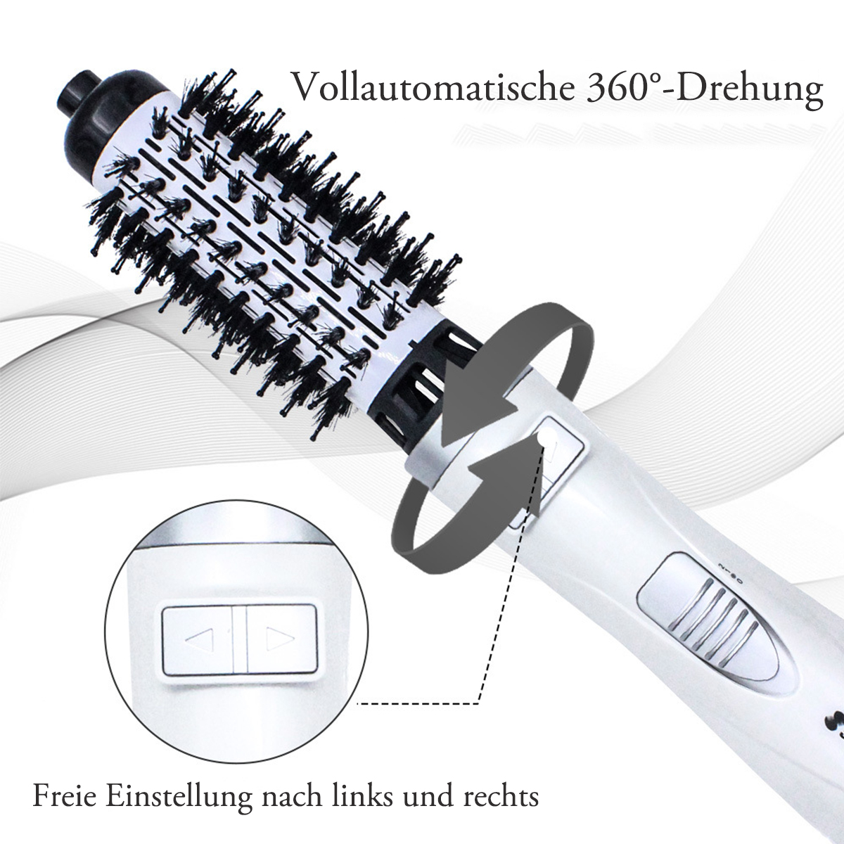Eine weiße Lockenbürste mit rotierendem Kopf und Richtungssteuerung.