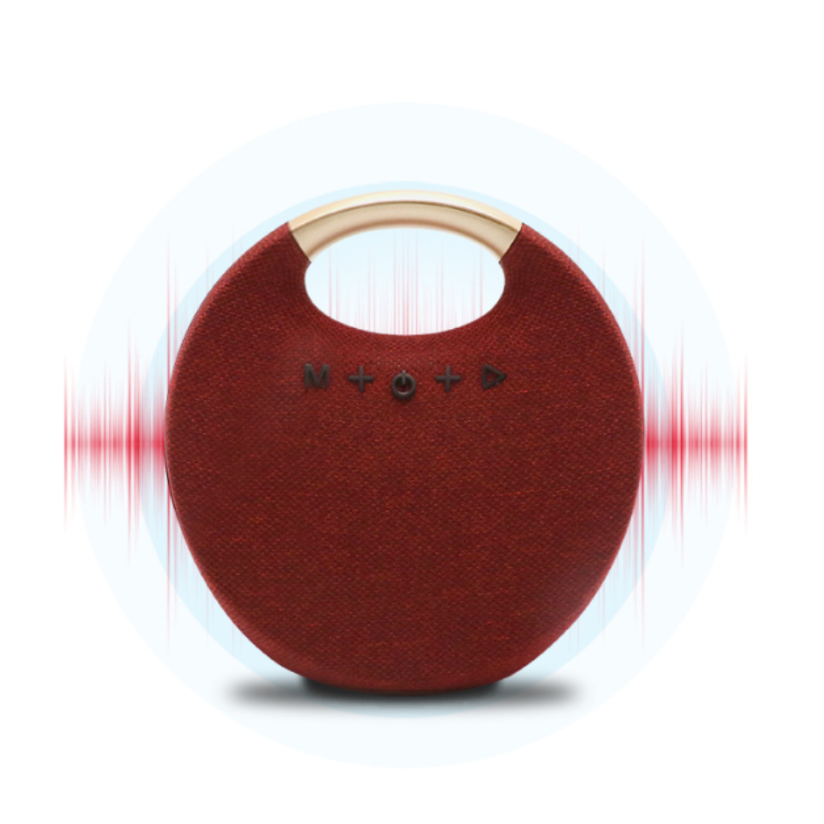 Roter Lautsprecher mit goldenem Griff. Schallwellen sind um den Lautsprecher visualisiert.
