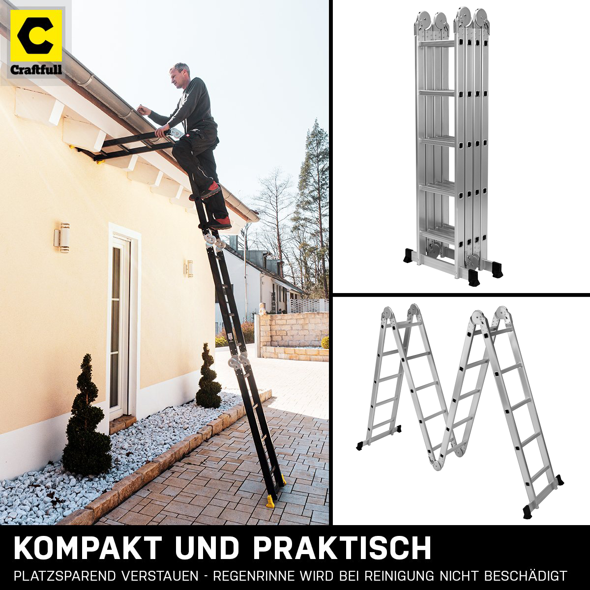 Ein Mann auf einer mehrteiligen Leiter arbeitet an einem Dach, mit zusätzlichen Leiterkonfigurationen im Bild.