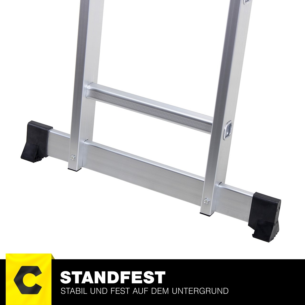 Detail des Aluminium-Leiterfußes, mit Gummifüßen und dem Logo: STANDFEST.