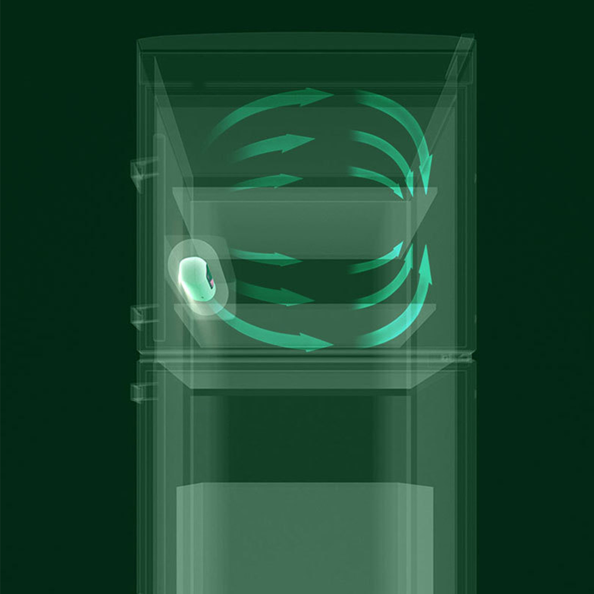 Ein transparenter Behälter mit grünen Pfeilen, die die Luftstromrichtung anzeigen.