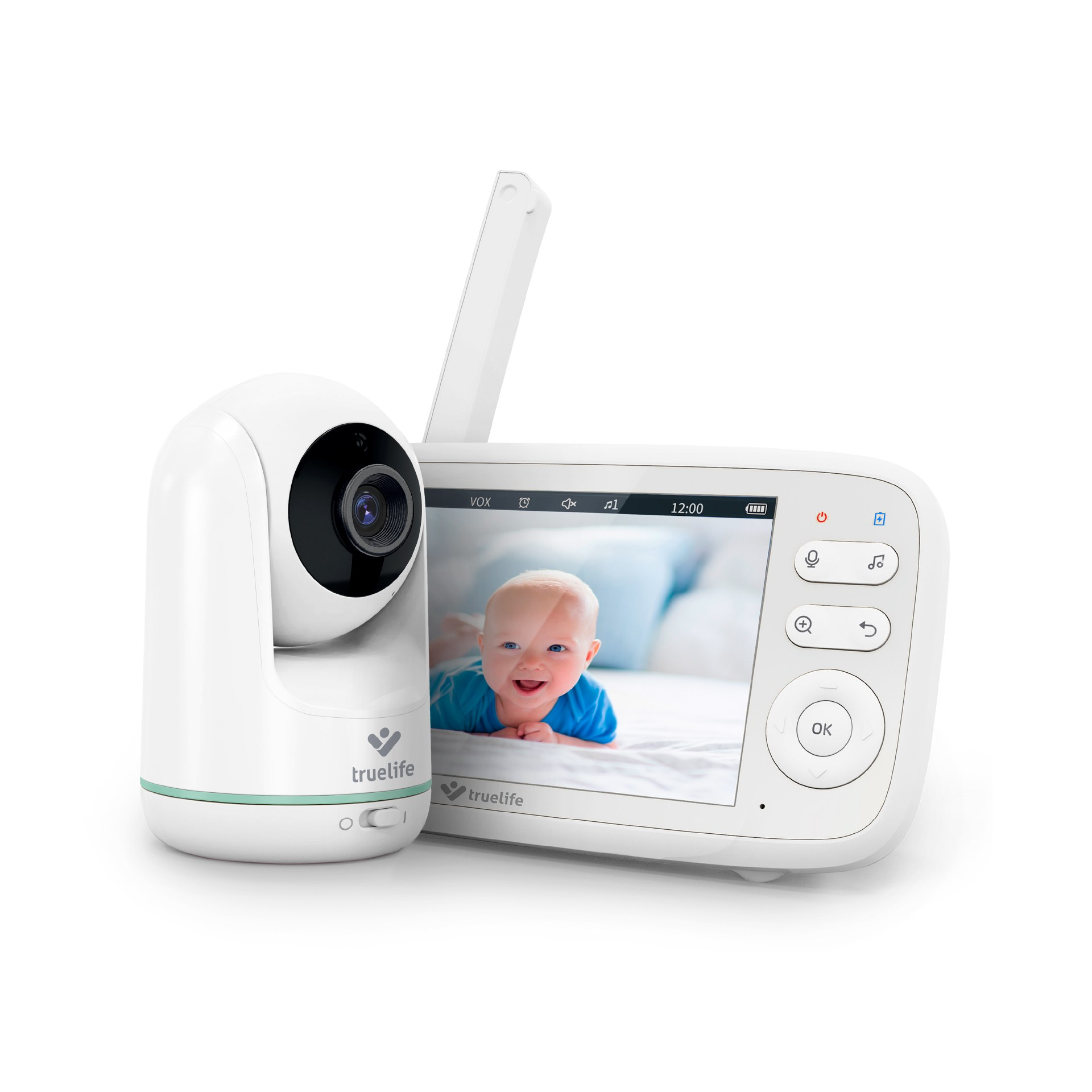 Weißer Babyphone mit Kamera und Bildschirm, der ein Baby zeigt. Weißer Hintergrund.
