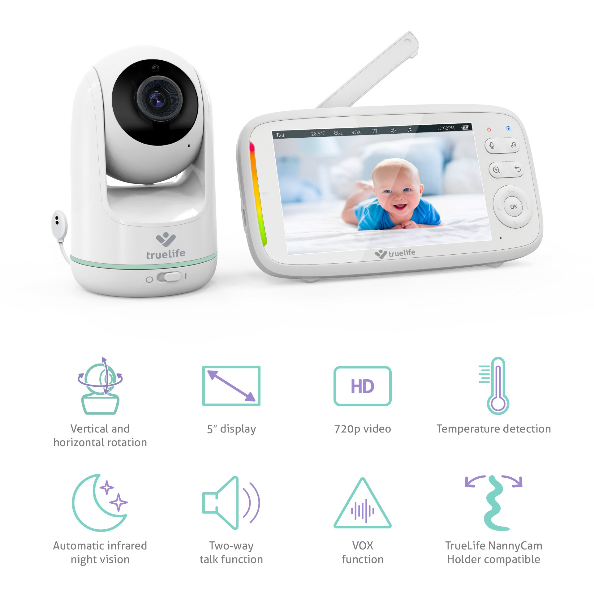 Weißer Babyfon mit Kamera und Bildschirm. Symbole und ein Baby auf dem Bildschirm sind sichtbar.