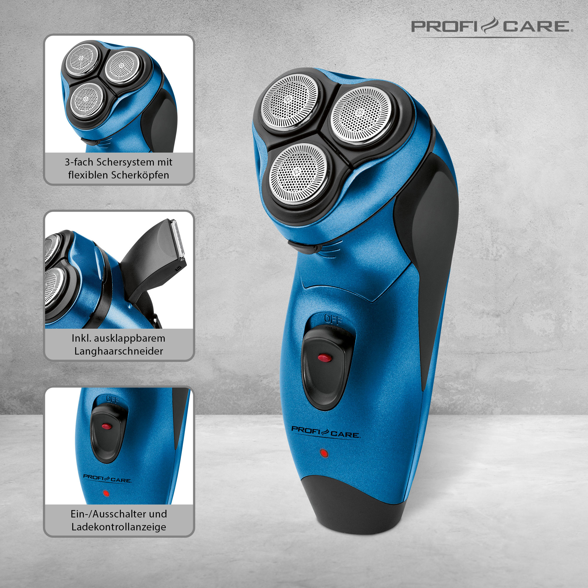 Niebieska golarka elektryczna z trzema obrotowymi głowicami. Trzy obrazy wstawkowe.