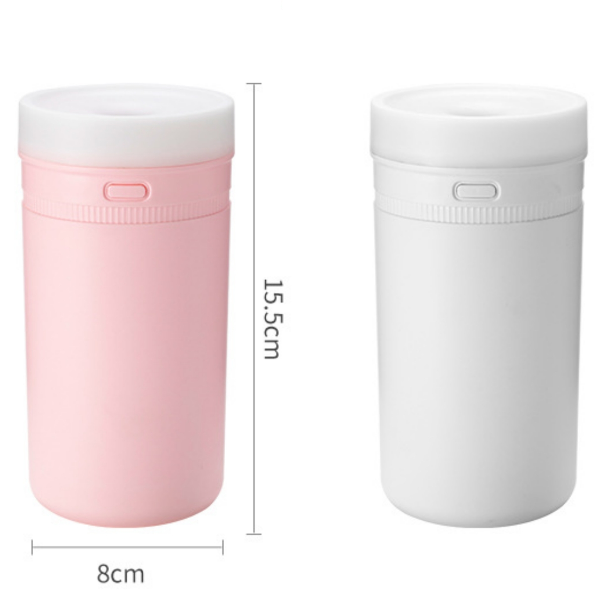 Zylindrische Behälter in Rosa und Weiß nebeneinander, mit Abmessungen.