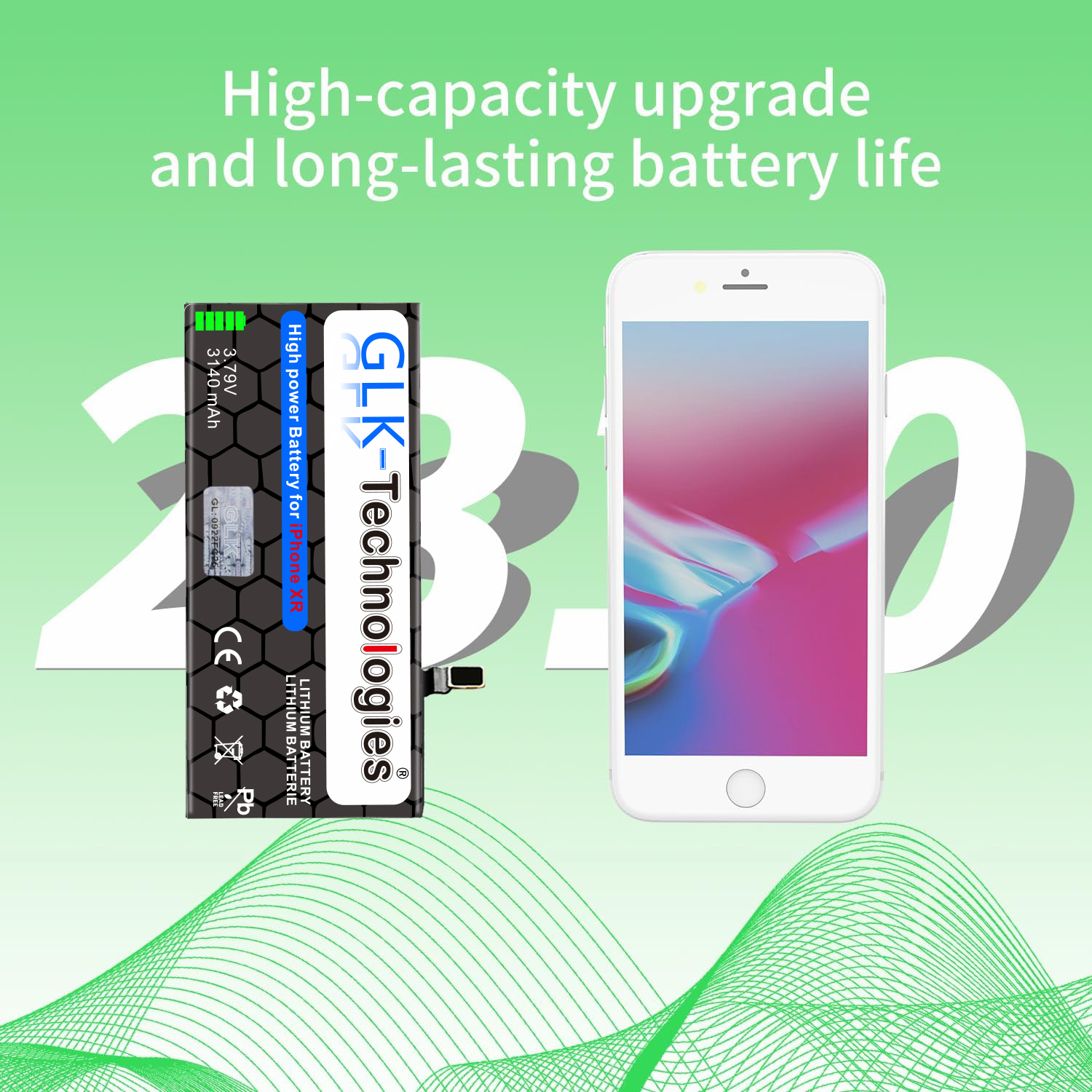 Bild einer Smartphone-Batterie und eines Telefons. Text: Hochleistungs-Upgrade und lange Akkulaufzeit.