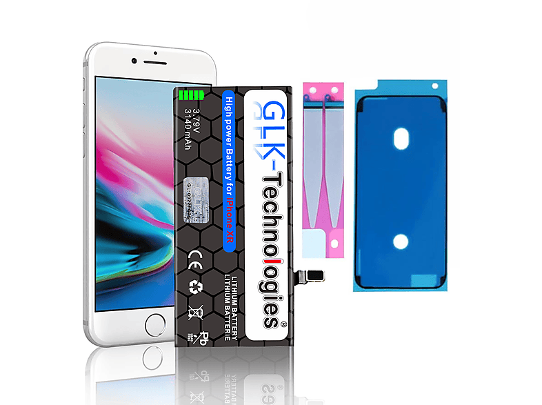 GLK-TECHNOLOGIES Apple iPhone XR   inkl. 2X Klebebandsätze Li-Ion Smartphone Ersatz Akku, Lithium-Ionen, 3.8 Volt, 3140mAh