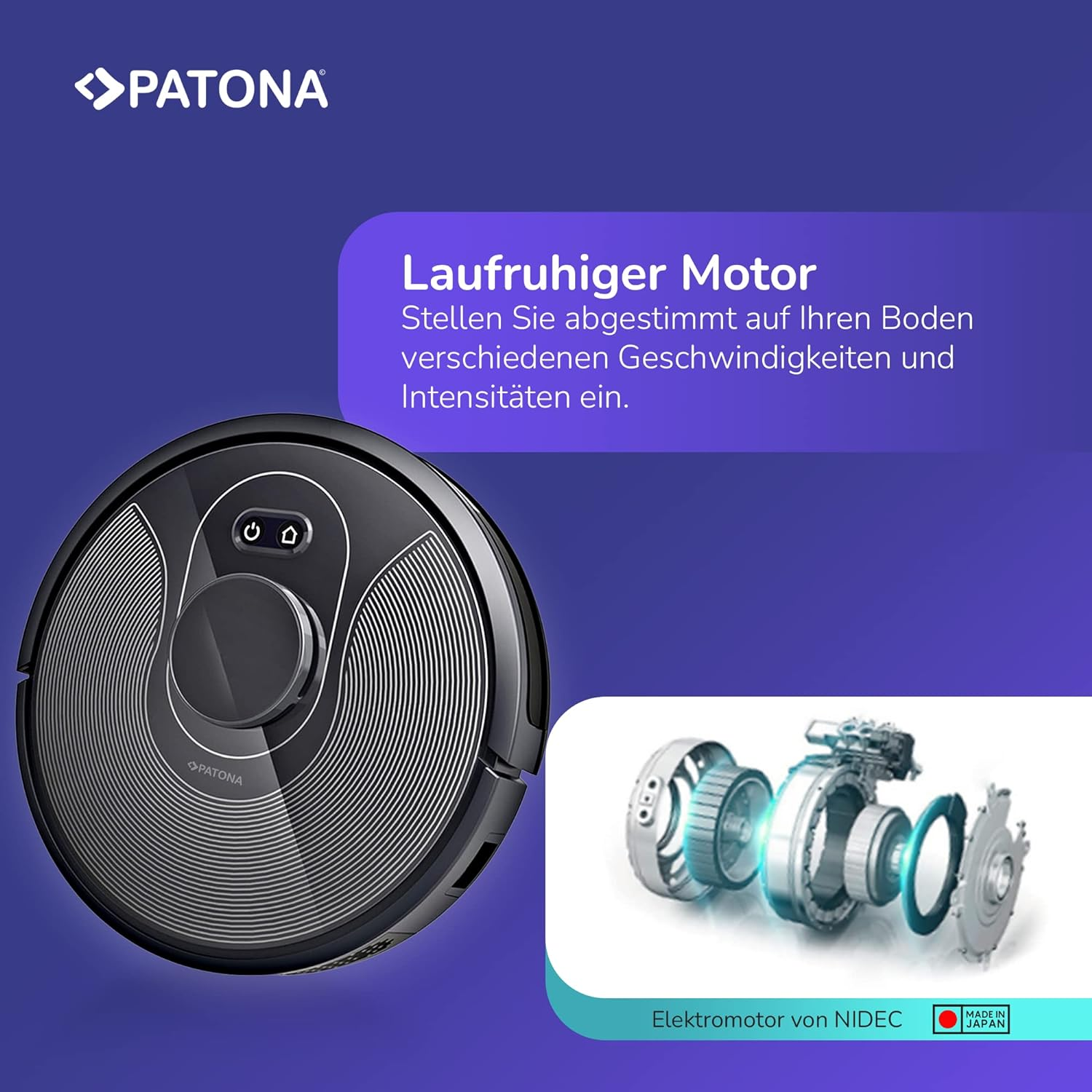 Schwarzer Roboter-Staubsauger mit Text auf der rechten Seite und einem Teil des Innenmechanismus.