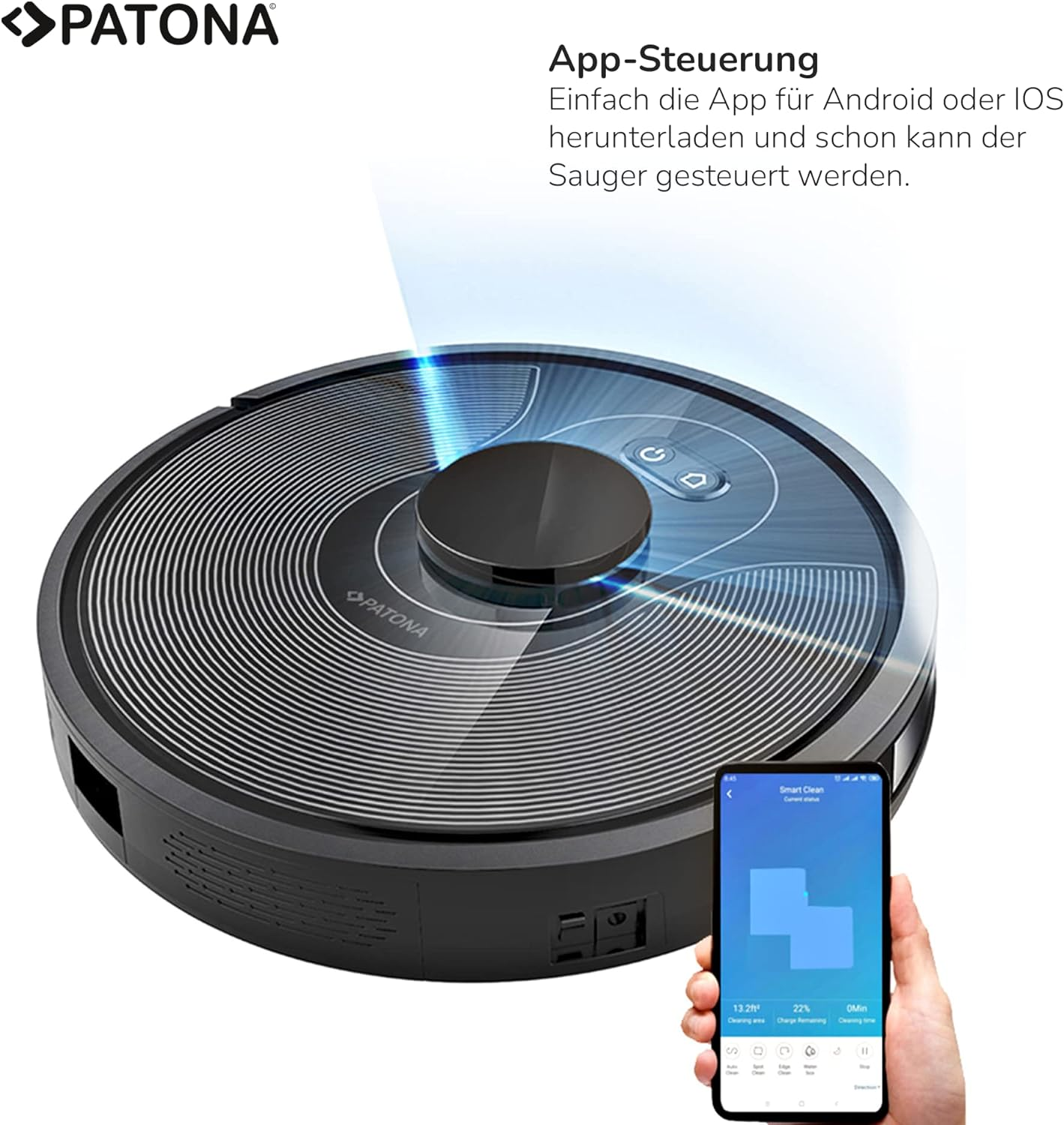 Roboter-Staubsauger und Smartphone. App-Steuerung, Reinigungsbereich gezeigt.