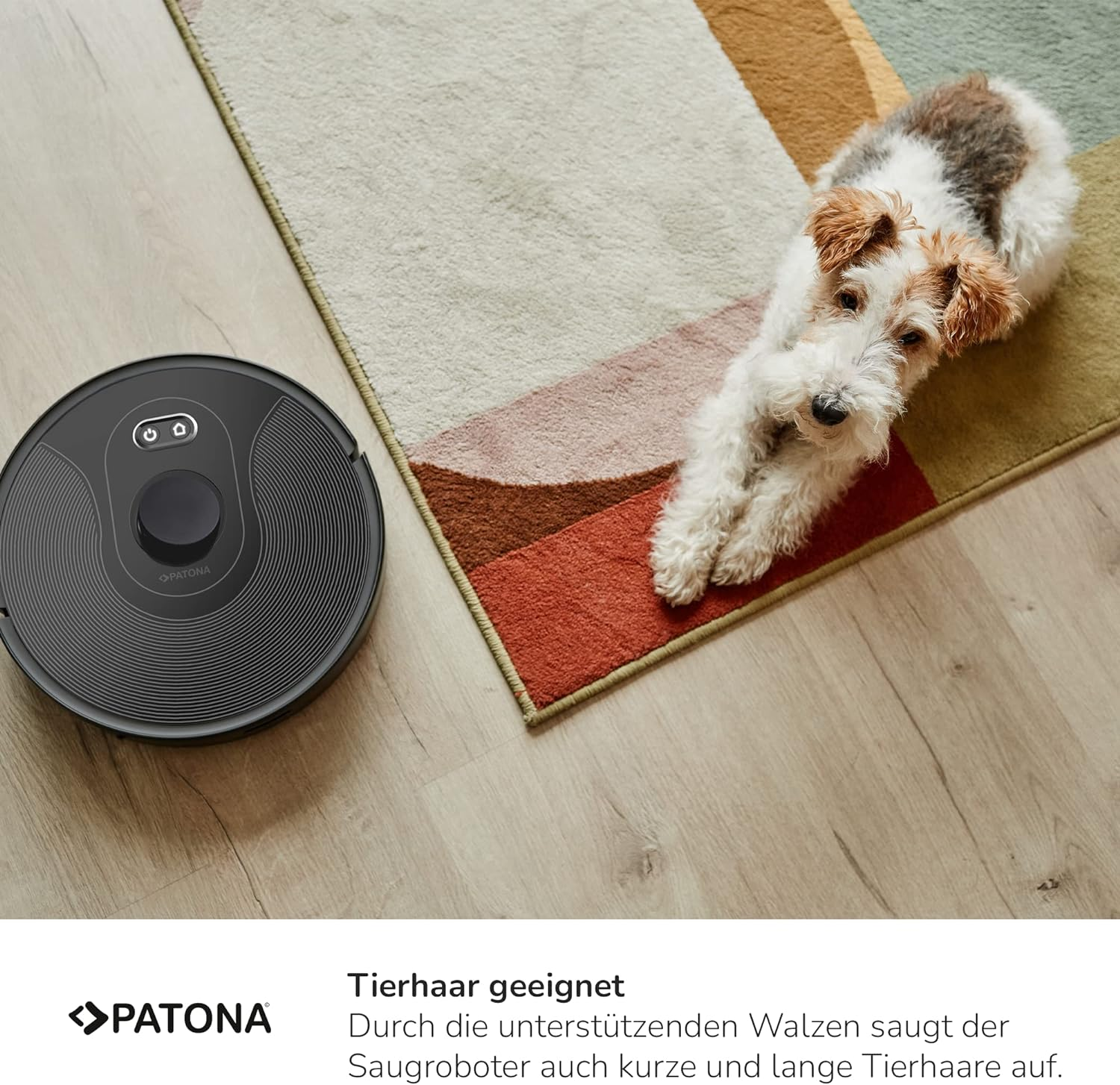 Schwarzer Roboter-Staubsauger auf einem Teppich mit einem Hund. Text: 'Tierhaar geeignet'.