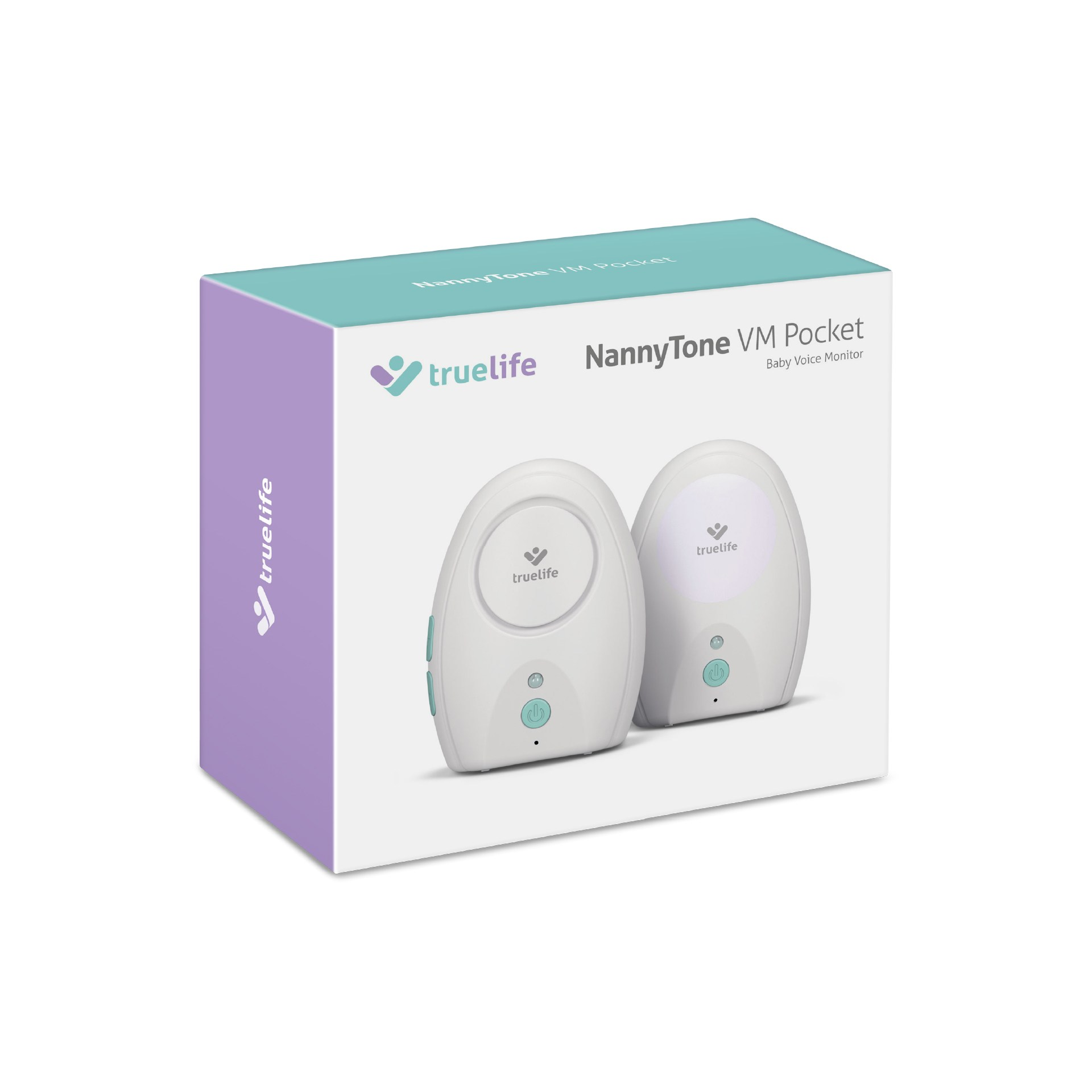 Verpacktes Babyphone-Set. Weiße und lila Box mit Produktname und Markenlogo.