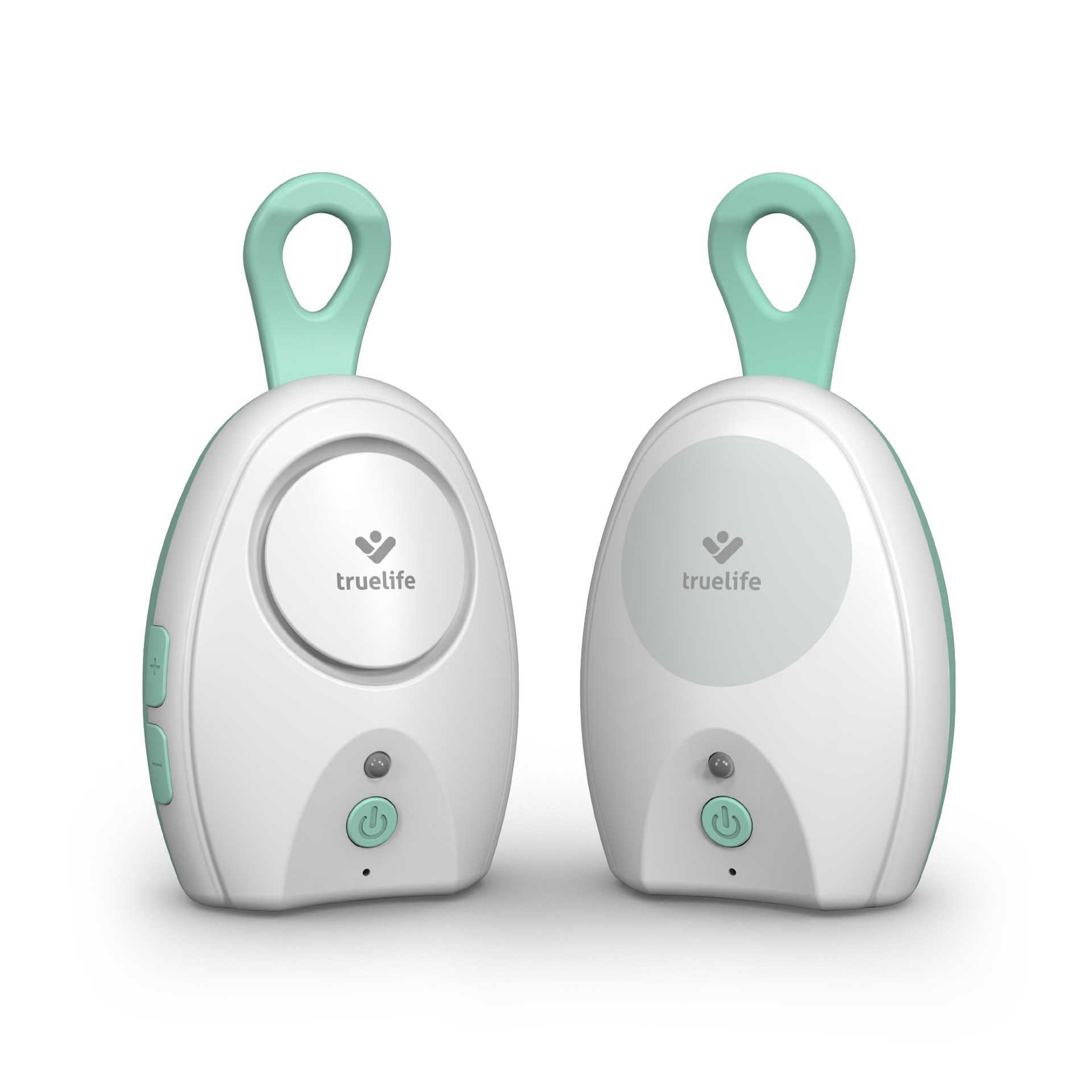 Zwei weiße und türkisfarbene Babyphone mit grünem Ein-/Ausschalter.