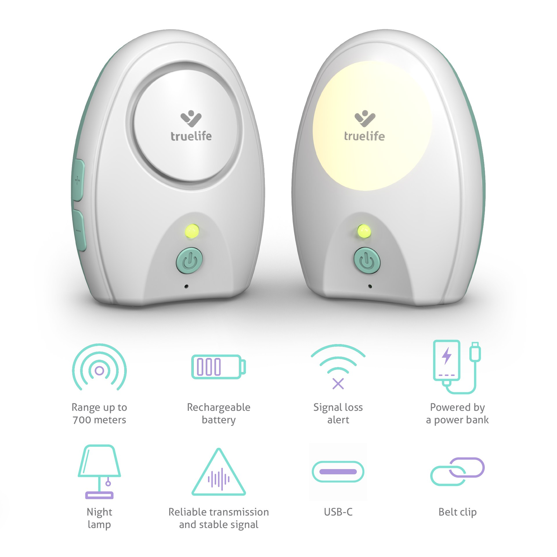 Zwei weiße Babyphone. Symbole für Funktionen unten. Weißer Hintergrund.