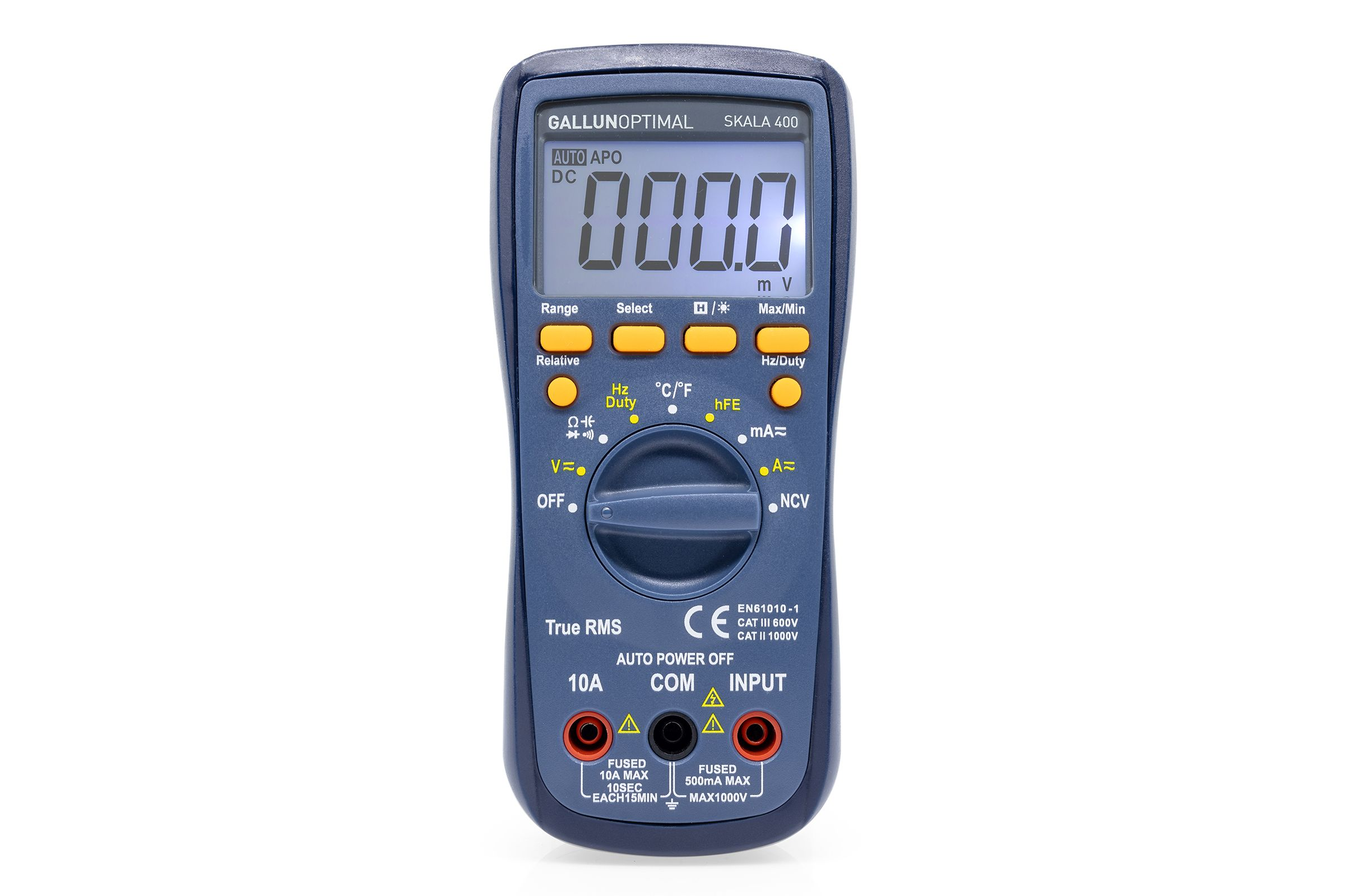 Ein blau-graues digitales Multimeter mit Display und Knöpfen.