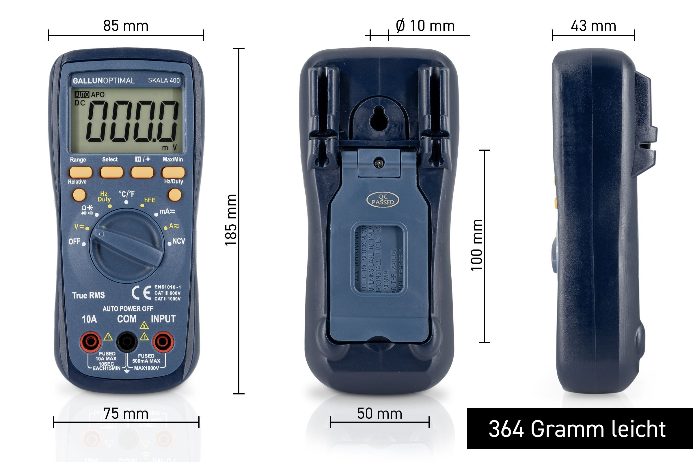 Multimeter mit Abmessungen und Beschriftungen, Text '364 Gramm leicht'.
