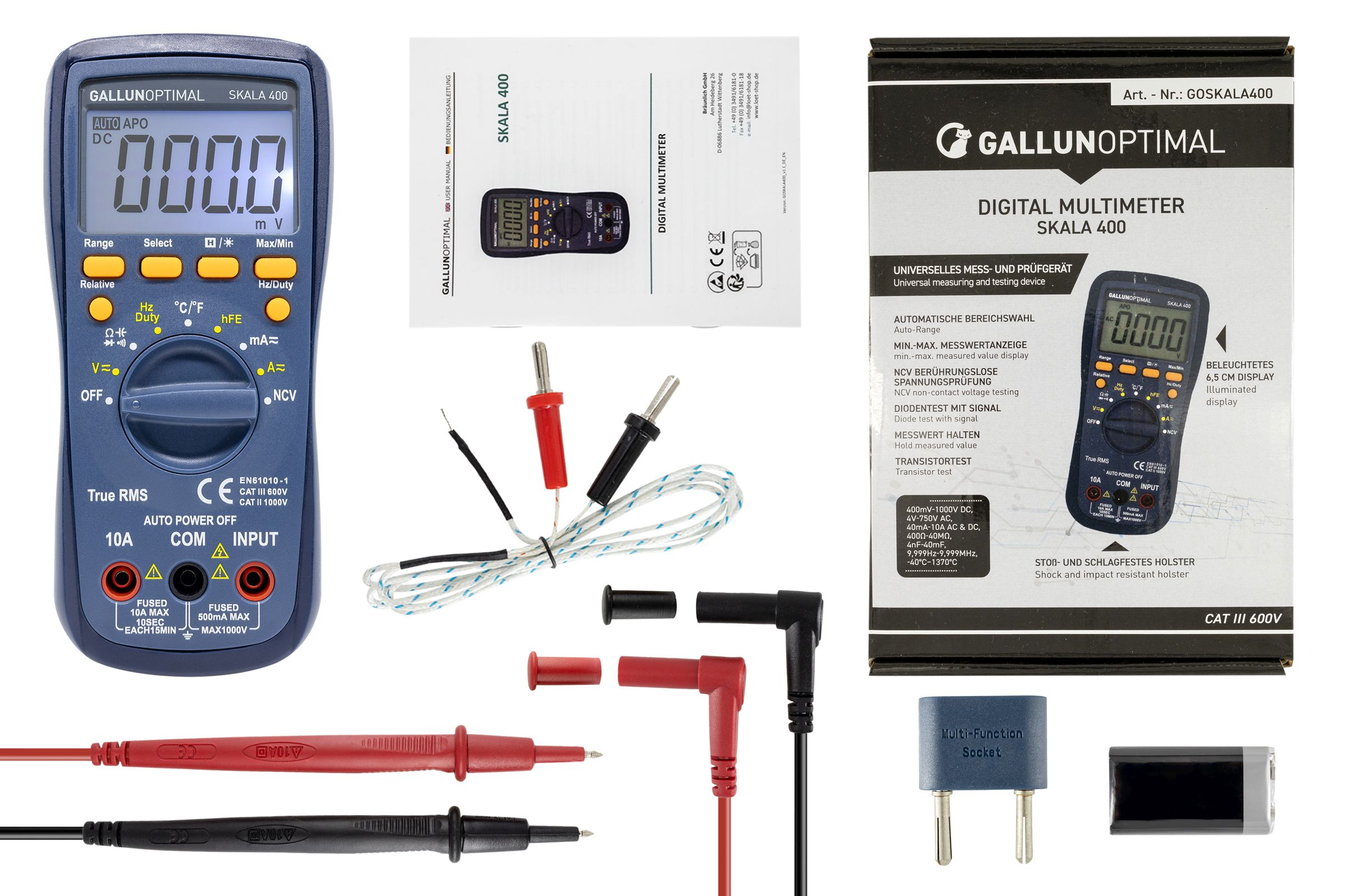 Verschiedene Multimeter, Zubehör und eine Bedienungsanleitung auf weißer Oberfläche.