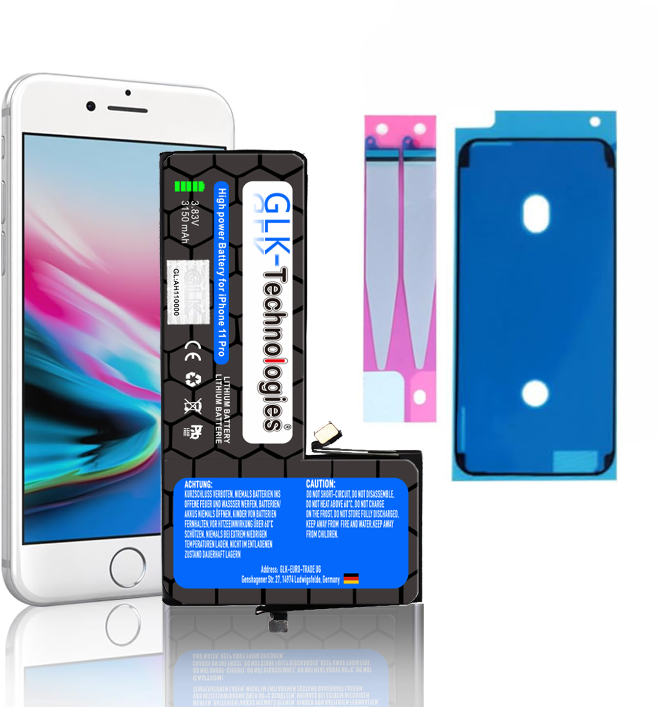 GLK-TECHNOLOGIES Apple iPhone 11 Ersatz Smartphone inkl. Akku, Klebebandsätze 3150mAh Lithium-Ionen-Akku 2X Pro