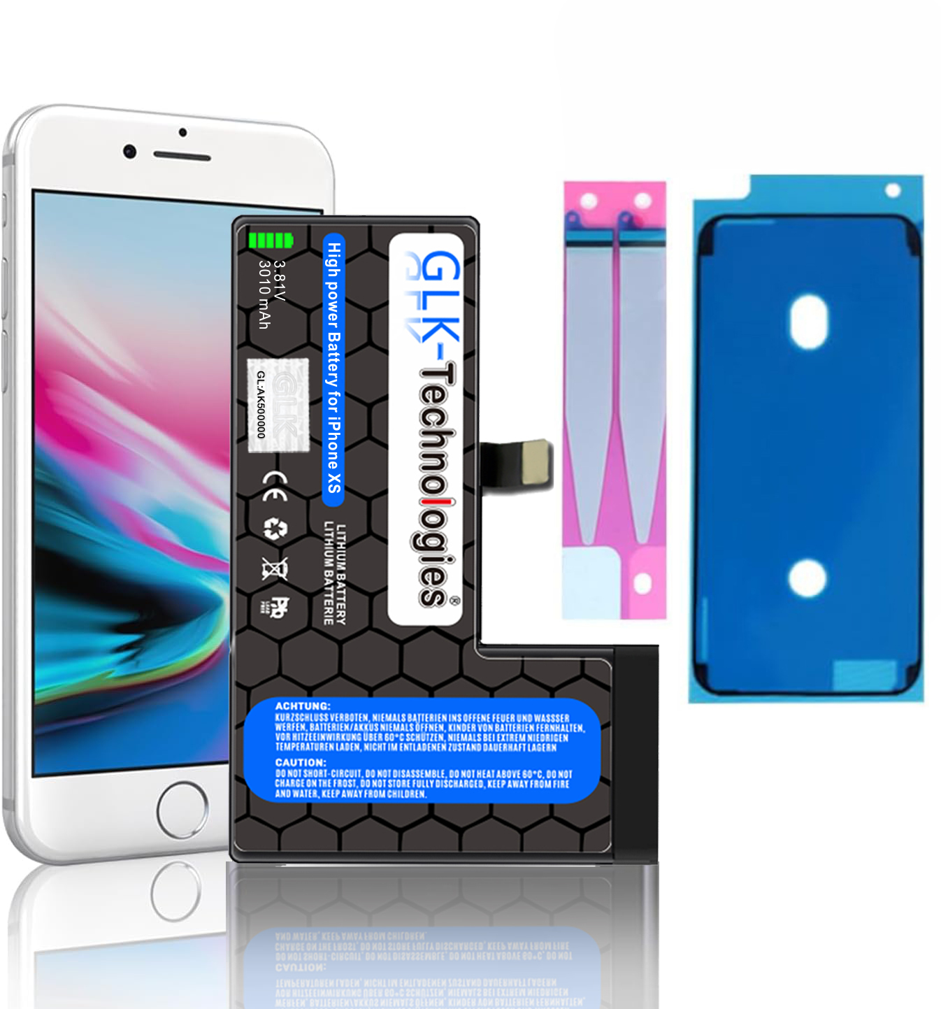 GLK-TECHNOLOGIES XS 3.8 Volt, Apple Akku, Klebebandsätze Smartphone Ersatz Li-Ion iPhone 2740mAh 2X inkl. Lithium-Ionen,