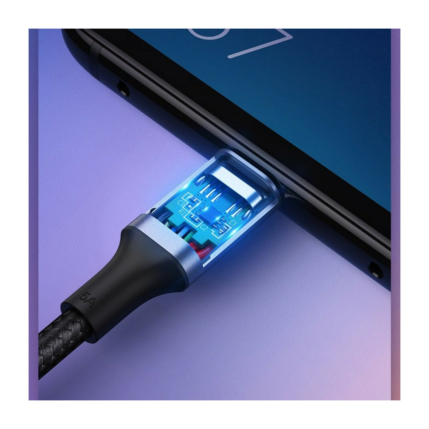 Telefon podłączony do kabla ładującego, z świecącymi detalami.