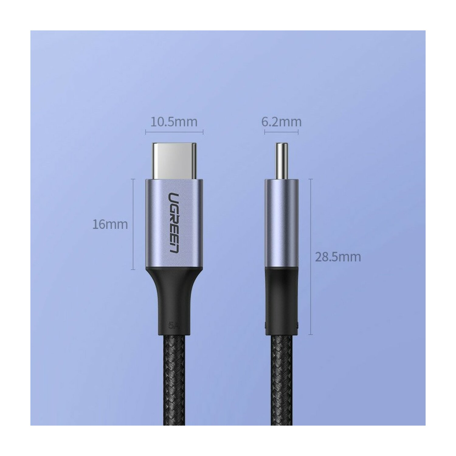 Dwa kable USB-C obok siebie. Wymiary w mm są oznaczone na obrazku.