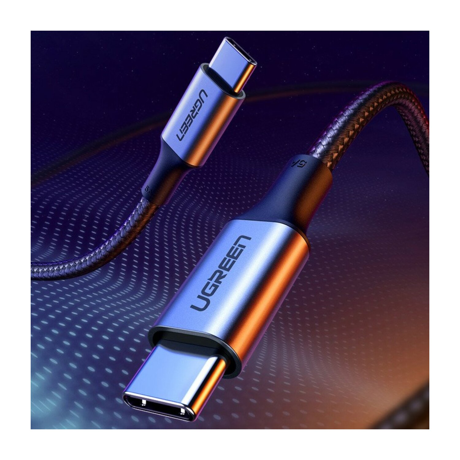 Kabel USB-C Ugreen. Jest czarny i srebrny, z napisem Ugreen na złączach.