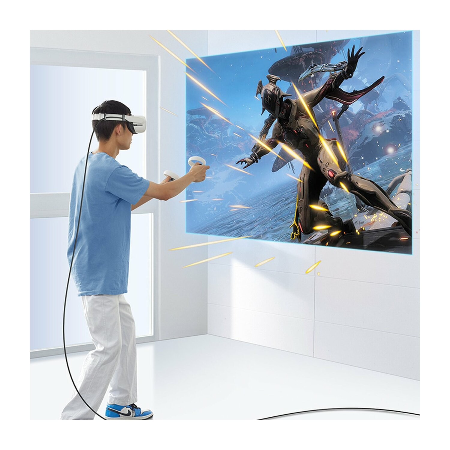 Mann mit VR-Headset spielt Spiel, Großbildschirm zeigt futuristischen Charakter.