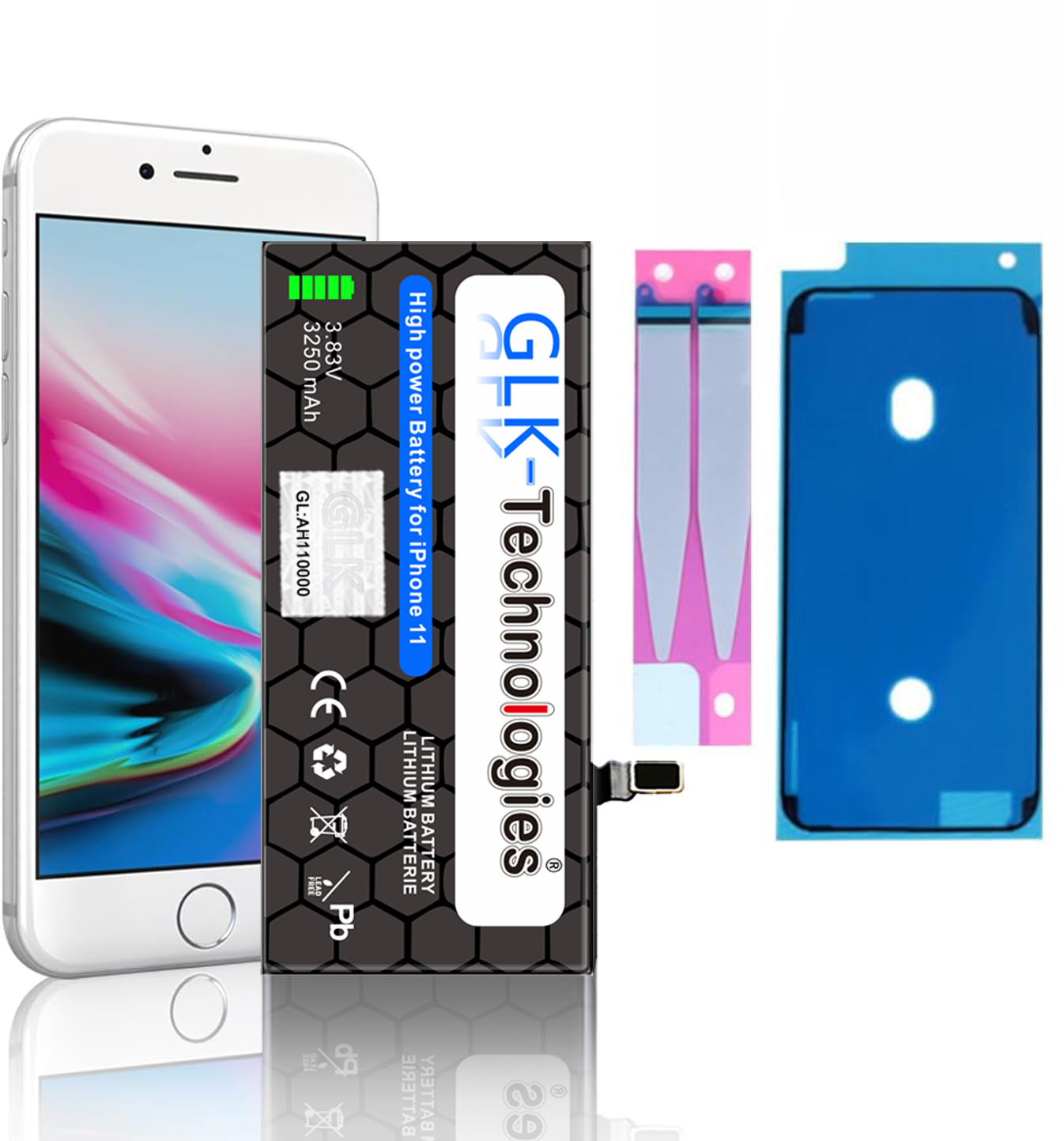 GLK-TECHNOLOGIES Apple 2X Akku, Ersatz Smartphone 3250 11 inkl. Lithium-Ionen-Akku iPhone mAh Klebebandsätze