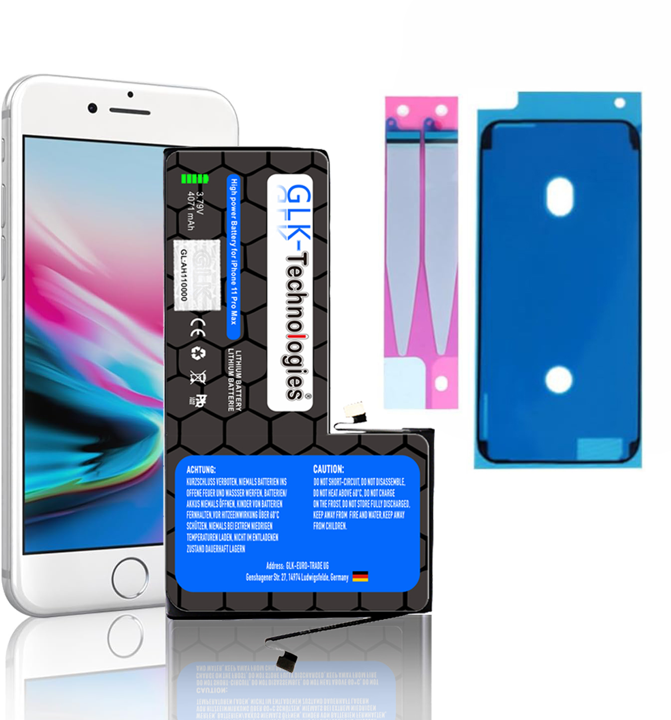 GLK-TECHNOLOGIES Apple iPhone 4071 mAh 11 Akku, Smartphone inkl. Max Klebebandsätze Pro Ersatz Lithium-Ionen-Akku 2X