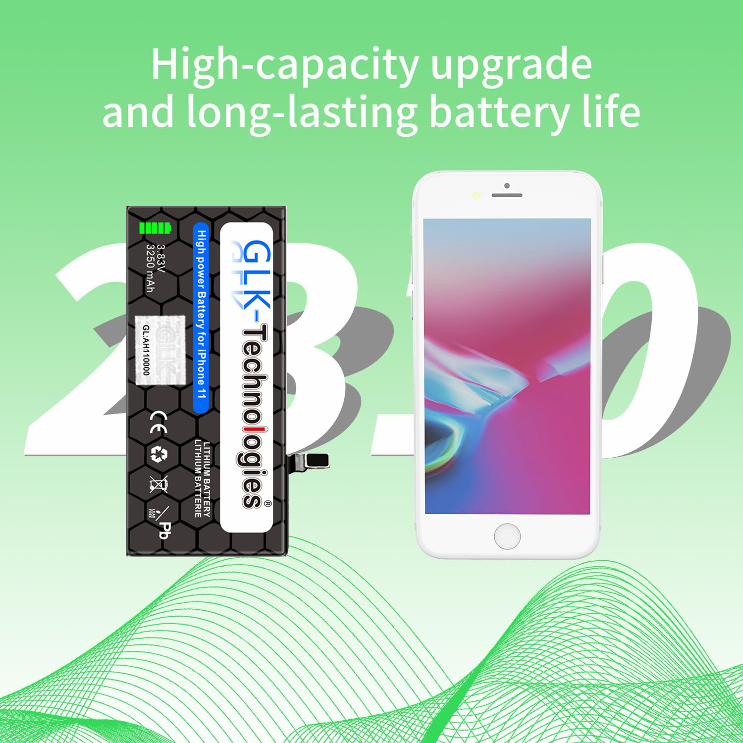 Ein Telefonakku und ein weißes Telefon mit grünem Wellenhintergrund, mit Batterie und Telefon.