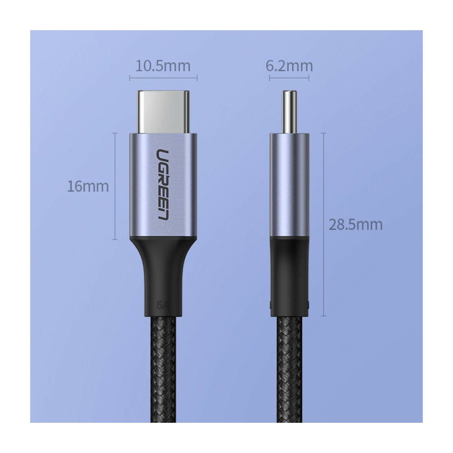 Czarny i srebrny kabel USB-C z wymiarami: 10,5 mm, 16 mm, 6,2 mm, 28,5 mm.