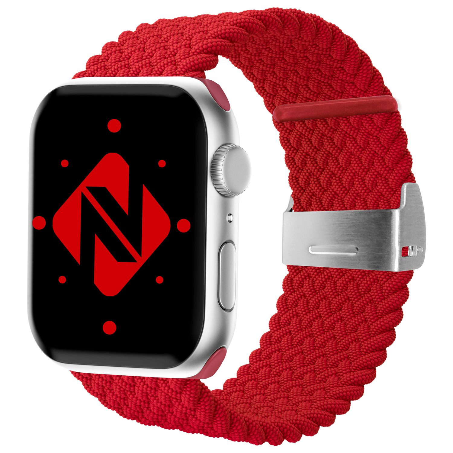 Apple Watch mit rotem Armband. Auf dem Uhrenbildschirm befindet sich ein rotes N-Logo.