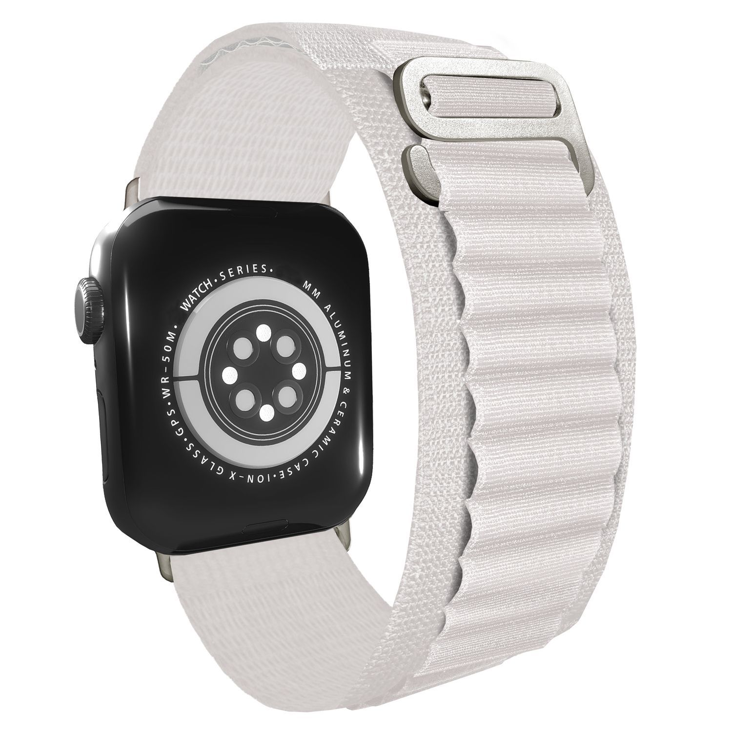 Eine Apple Watch mit weißem Armband. Die Uhr hat einen schwarzen Bildschirm, ein silbernes Gehäuse und ein weißes Armband.
