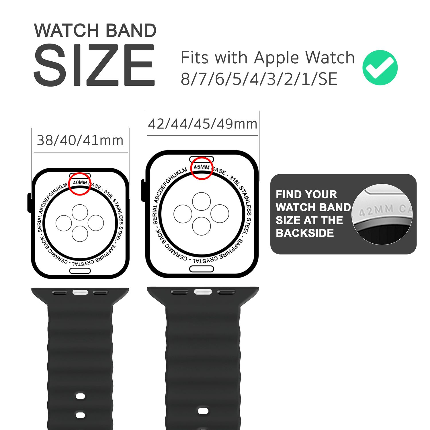 Diagramm mit Apple Watch Größen: 38/40/41mm und 42/44/45/49mm.