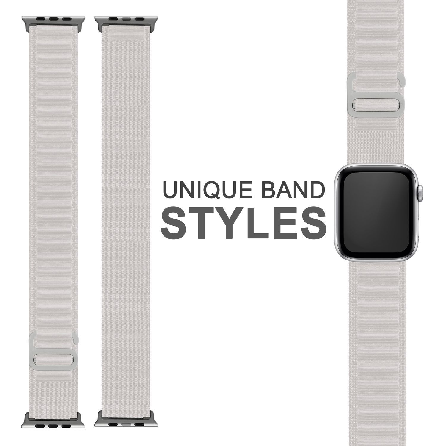 Zwei Armbänder und eine Smartwatch. Die Armbänder sind hellgrau mit silbernen Verschlüssen.
