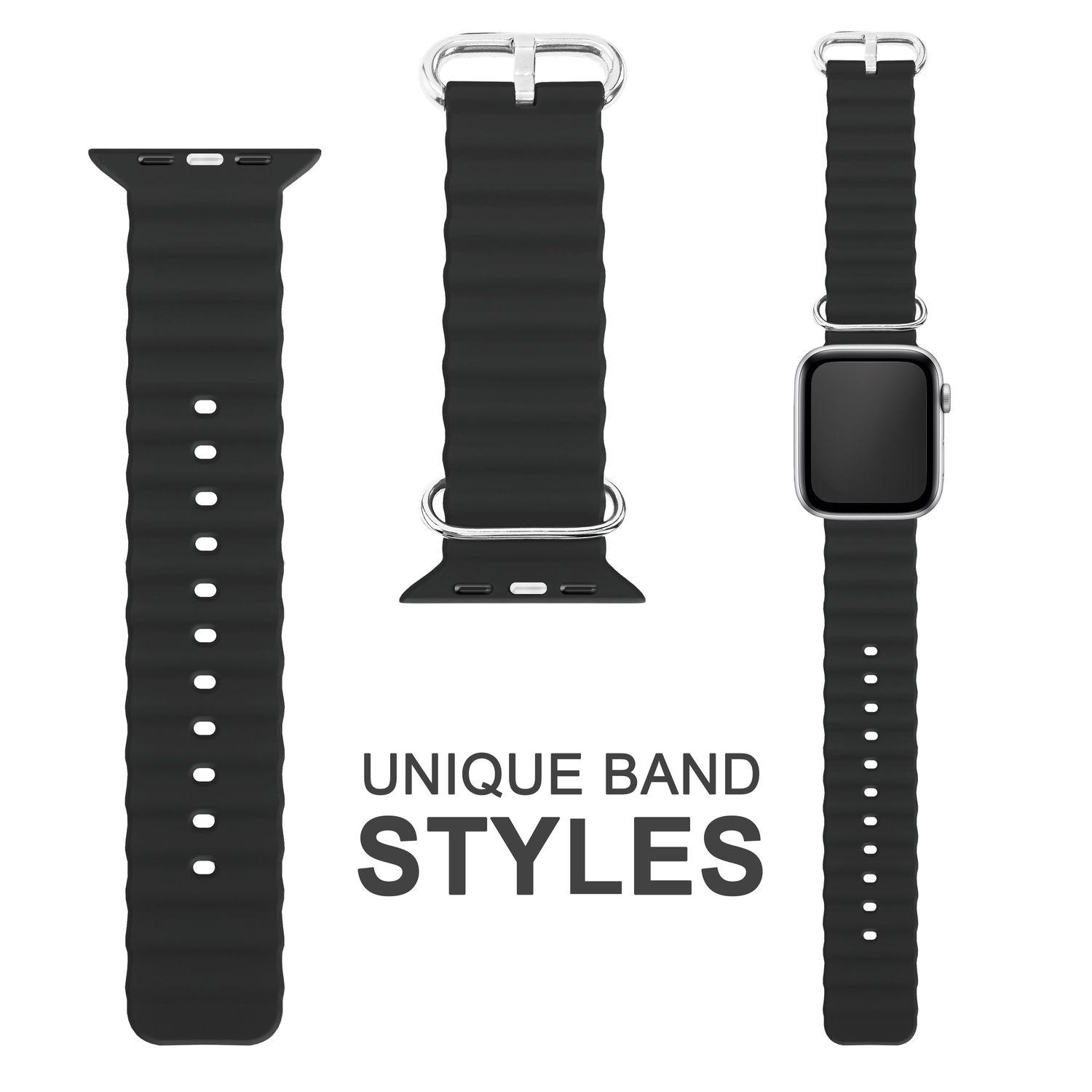 Schwarze Apple Watch-Armbänder, verschiedene Stile zeigend. Enthält Schnalle und Uhrenaufsätze.