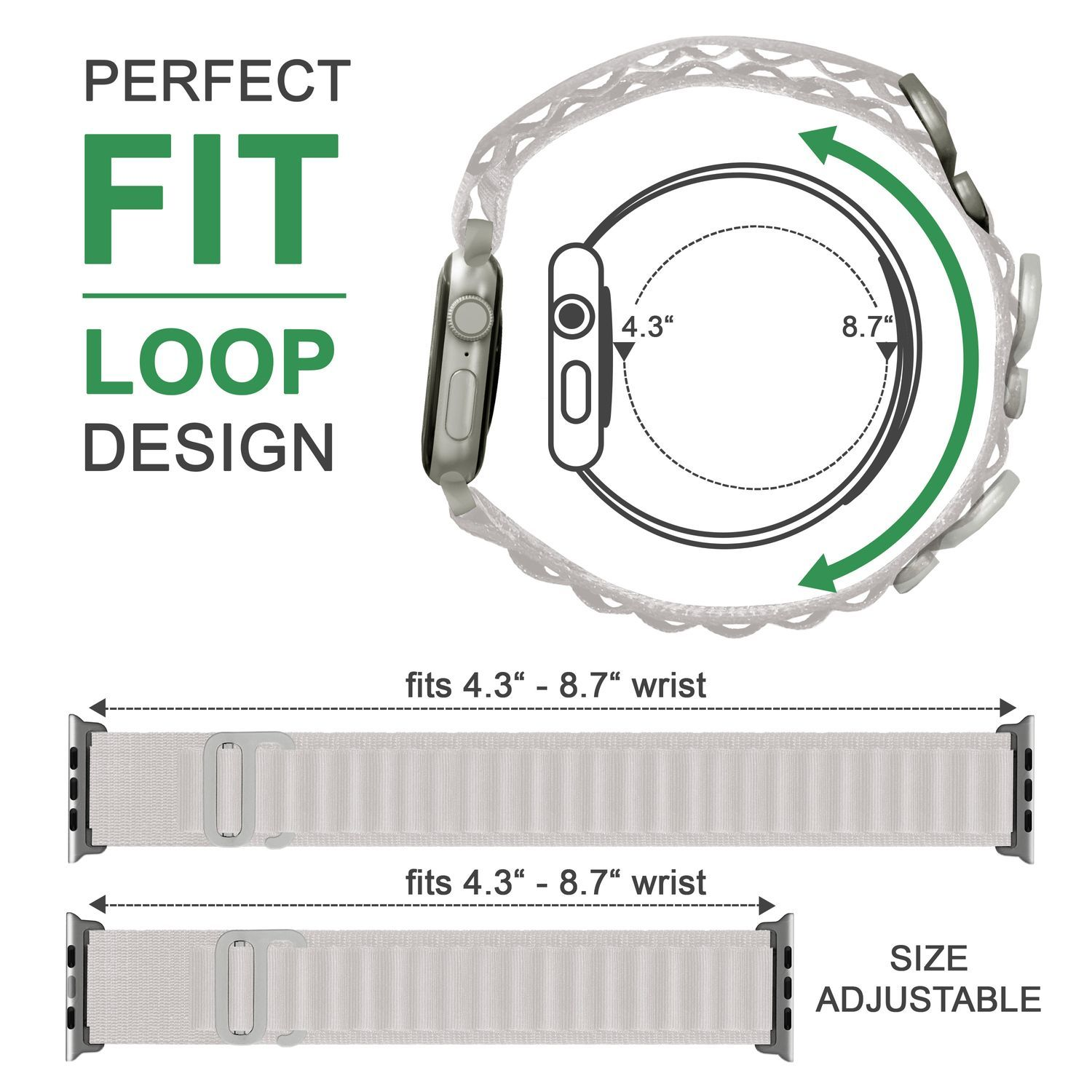 Uhrenarmband mit verstellbarer Länge und einer Grafik, die den Größenbereich zeigt.