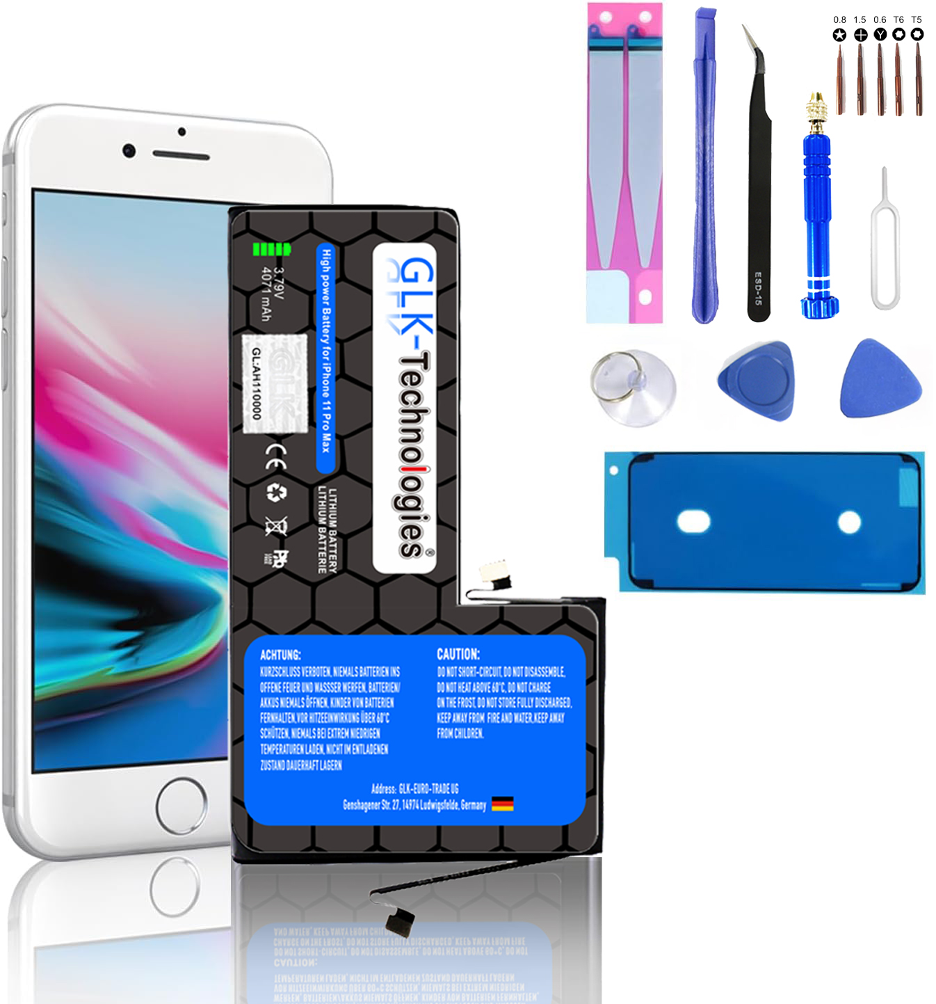 Weißes iPhone 11 Pro Max mit Akku, Werkzeug und einem Batterieaufkleber.