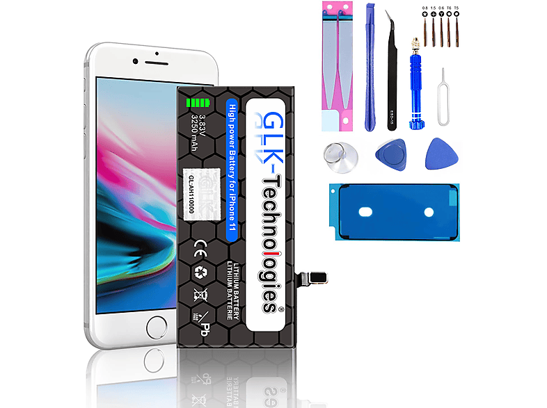iPhone 3250 Ersatz Akku, mAh GLK-TECHNOLOGIES Lithium-Ionen-Akku Smartphone Set Apple 11 Werkzeug inkl.