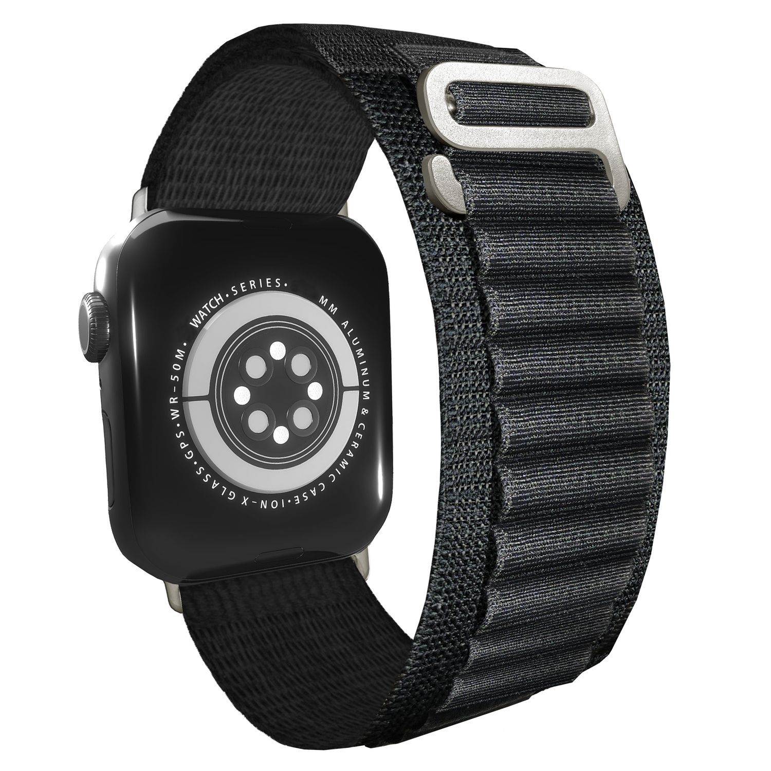 Schwarze Apple Watch mit schwarzem Nylonarmband. Die Uhr zeigt Sensordetails und einen schwarzen Bildschirm. Weißer Hintergrund.