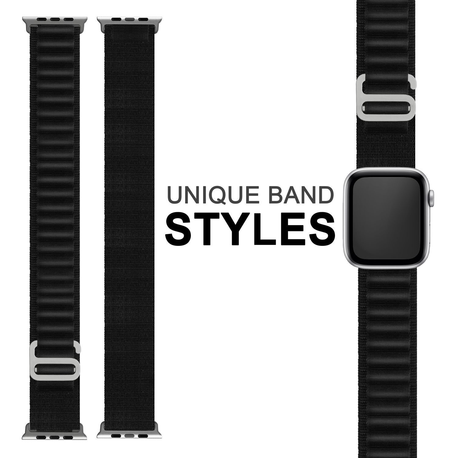 Schwarzes Uhrenarmband. Silberne Verschlüsse. Weißer Hintergrund. Textüberlagerung.