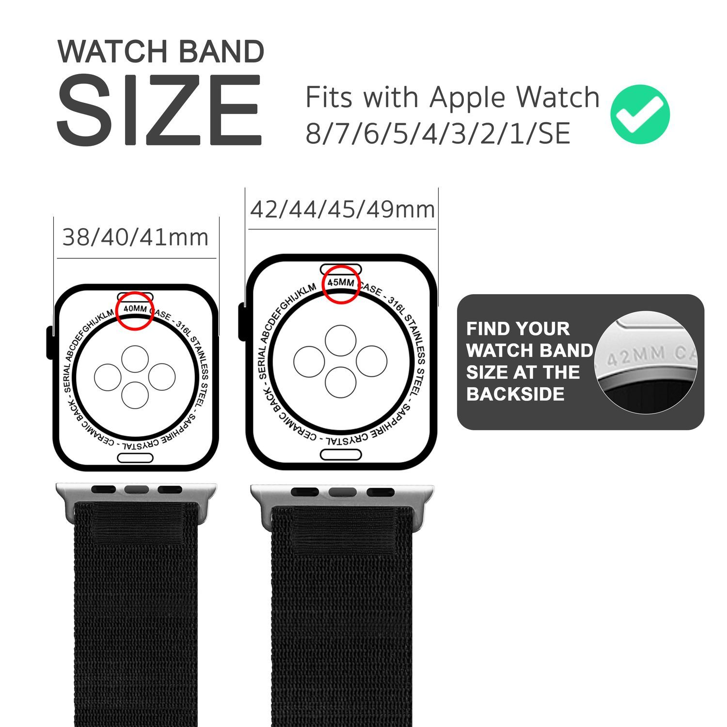 Bild zeigt die Kompatibilität der Uhrenarmbandgröße für Apple Watch Modelle 8/7/6/5/4/3/2/1/SE mit Größenangaben.