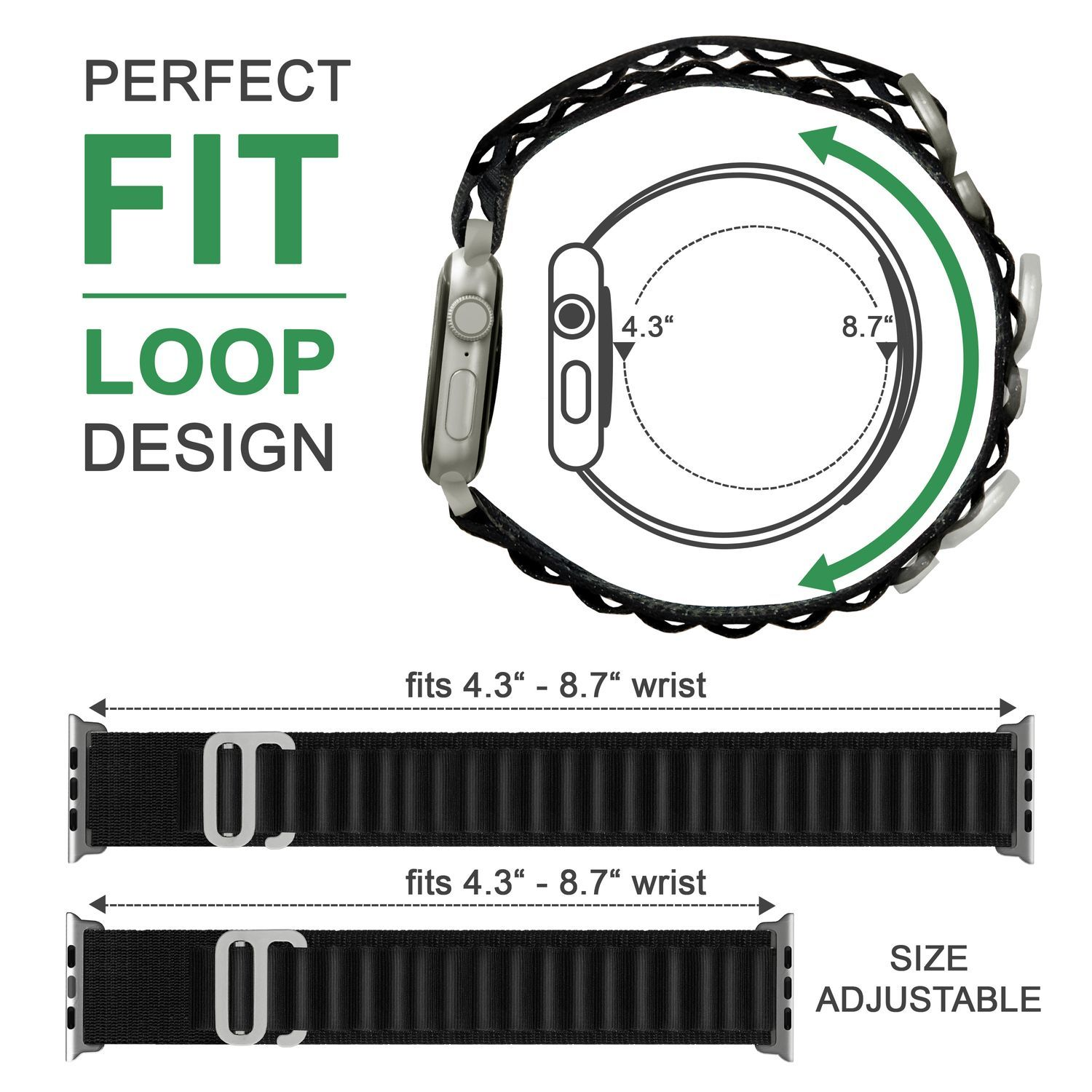 Armband, zeigt Abmessungen und Anpassung, im Diagrammformat.