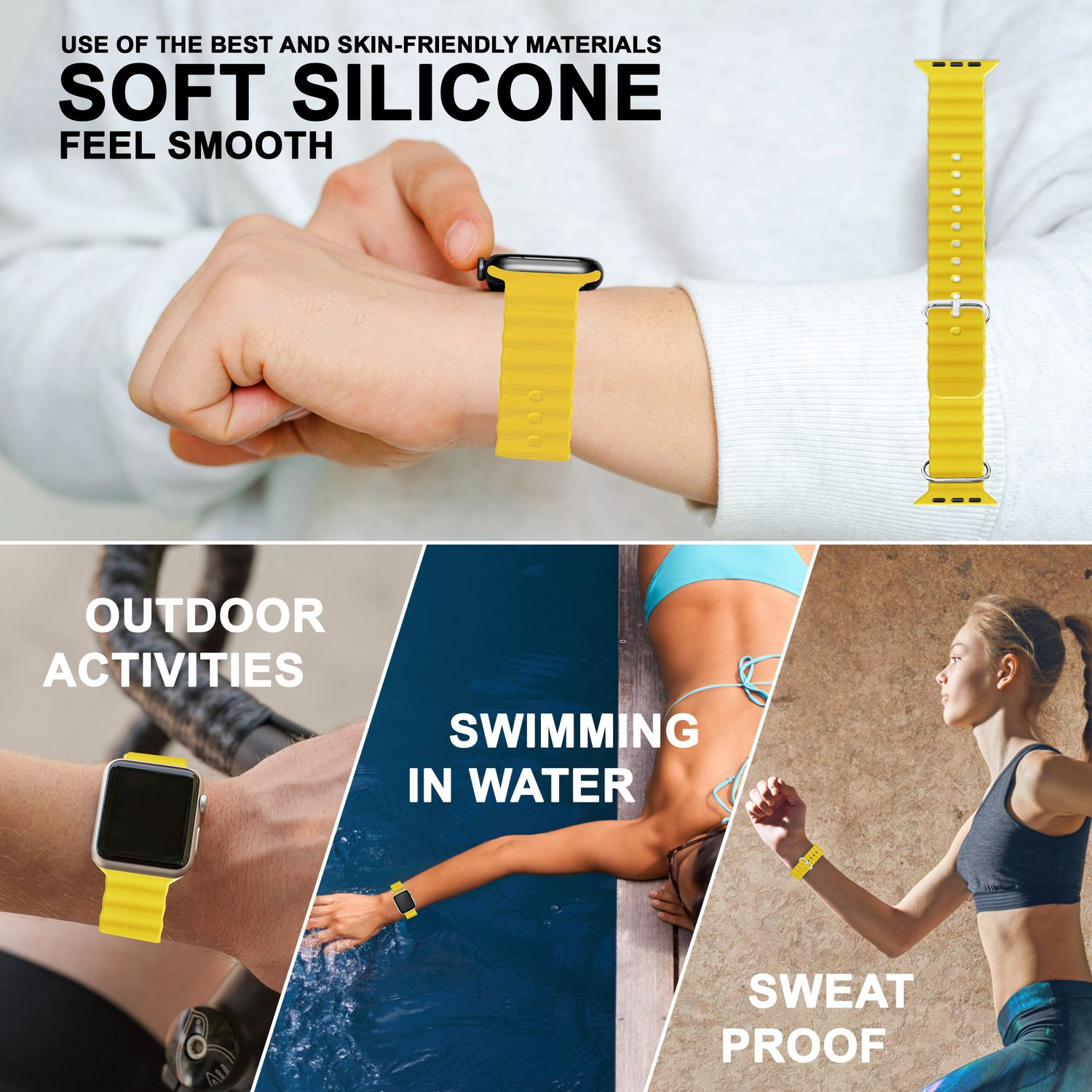Bild zeigt ein gelbes Armband am Handgelenk und eine Uhr, die für Outdoor-Aktivitäten, Schwimmen und Schweiß verwendet wird.