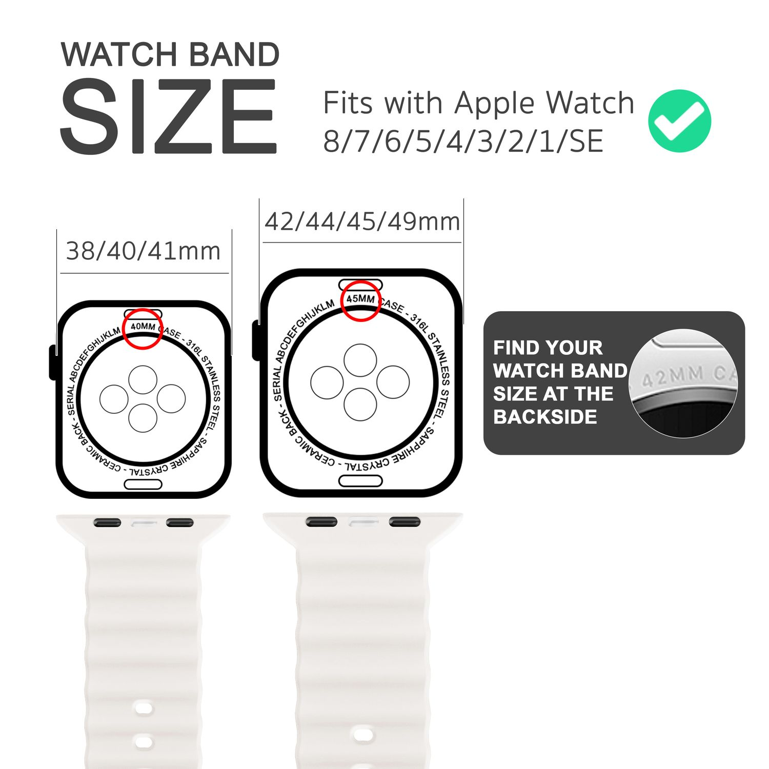 Weiße Apple Watch-Armbänder mit Größenangabe. Zeigt Uhren- und Armbandgrößen. Grünes Häkchen.